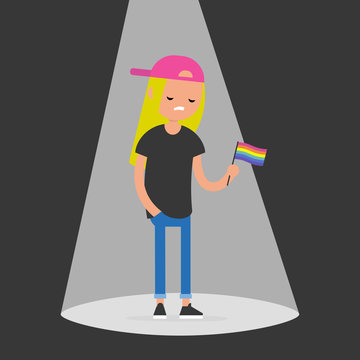 Coming out. Young upset homosexual character standing in a spotlight and holding an LGBTQ flag. Flat editable vector illustration, clip art