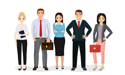 Fototapeta na wymiar Vector illustration business people team. Happy and smile businessmen and businesswomen stand together in flat cartoon style.
