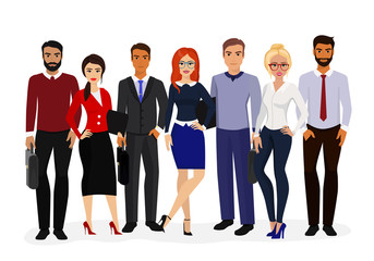 Obraz premium Vector illustration of cool vector set of business characters. International business team, beautiful business women and handsome businessman, group of office workers in flat cartoon style.