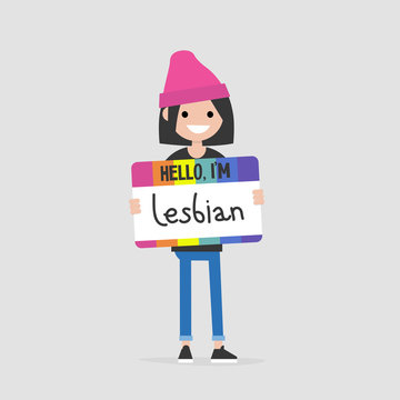 Hello, I'm Lesbian. Open homosexuality. Coming out. Young female character introducing herself as a part of LGBT community. Flat editable vector illustration, clip art