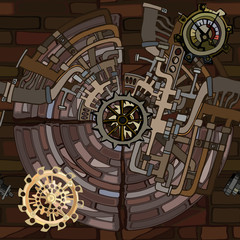 Vector seamless pattern. Abstract industrial background with fictional gearwheels and details of machines illustrating retro technology or steampunk concept. Hand drawn.