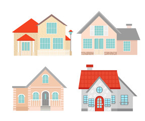 Vector illustration set of colorful flat residential houses. Town house cottage. Building set isolated on white background in flat style.