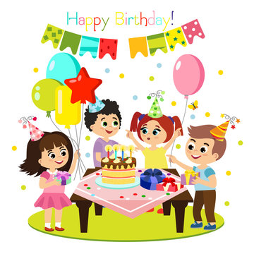 Vector illustration of kids birthday party, colorful and bright decoration, happy children have fun together, girls and boys in flat cartoon style.