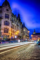 Fototapeta premium Scenic night Lviv cityscape architecture on the long exposure