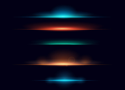 Vector illustration set of colorful realistic flare elements collection. Rising light effect.