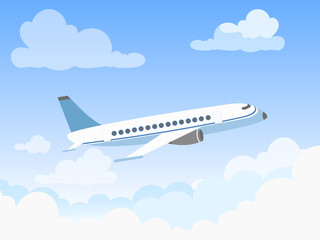 Fototapeta na wymiar Vector illustration of plane in the sky over the clouds. Flat design style concept of airplane flying through clouds in the blue sky.