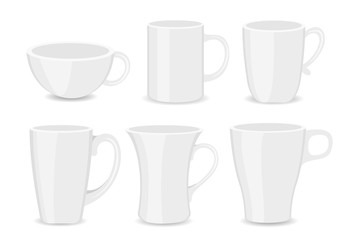 Vector illustration set of whitr cups different shaps and typs on white background in flat style.
