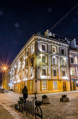 Scenic night Lviv cityscape architecture on the long exposure