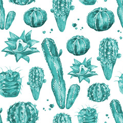 Cactus seamless pattern in watercolor style. Pattern with different forms of cacti and watercolor splashes. Isolated plants on white background.