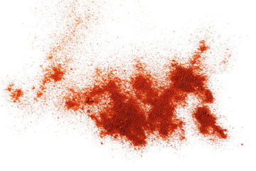 Pile of red paprika powder isolated on white background, top view