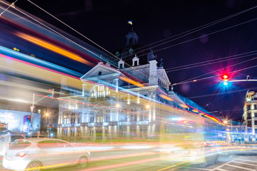 Fototapeta na wymiar Scenic night Lviv cityscape architecture on the long exposure