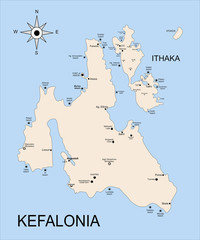 The geography map of Kefalonia and Ithaka island, in the archipelago of the Dodecanese islands. There is indicated the position of towns, beaches and castles.