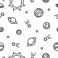 Universe seamless pattern black outline planets with sun and stars