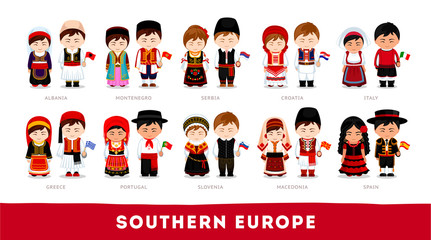 Europeans in national clothes. Southern Europe. Set of cartoon characters in traditional costume. Cute people. Vector flat illustrations.