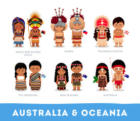 People in national clothes. Australia & Oceania. Set of cartoon characters in traditional costume. Vector flat illustrations.