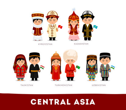 Asians in national clothes. Central Asia. Set of cartoon characters in traditional costume. Cute people. Vector flat illustrations.