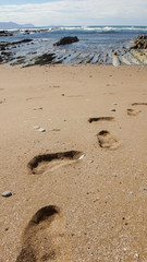 footprint on sand, oean and rocks on background