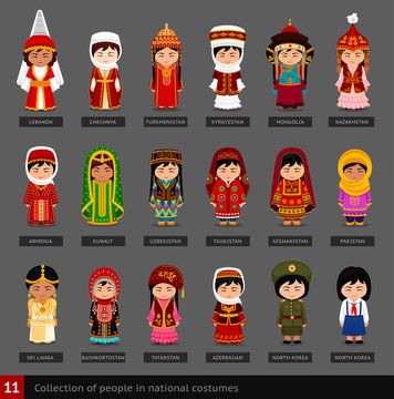 Girls in national costumes. Set of asian women dressed in national clothes. Collection of cute cartoon characters. People. Vector flat illustration.