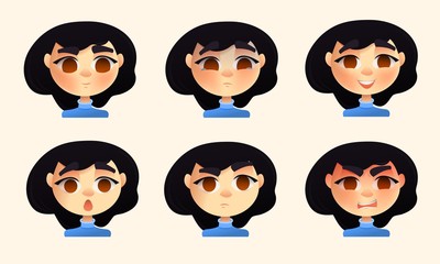 Set of character young woman emotions. Vector cartoon style.