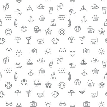 Seamless summer vacation icons pattern vector on white backgroun