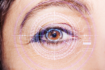 Abstract  eye with digital circle. Futuristic vision science and identification concept.