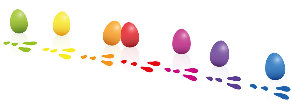 Easter bunny footprints with some lost easter eggs in the same colors as the tracks - horizontal isolated vector illustration on white background.
