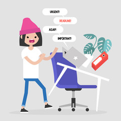 Young angry female manager flipping a desk. Stress at the workplace. Flat editable vector illustration, clip art