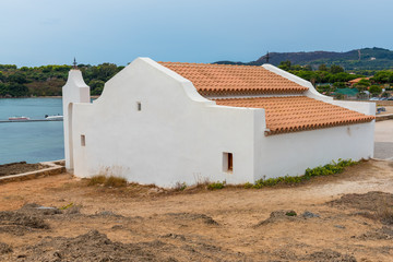 White orthodox church on the sea coast. Agios Nikolaos, Zakynthos island, Greece