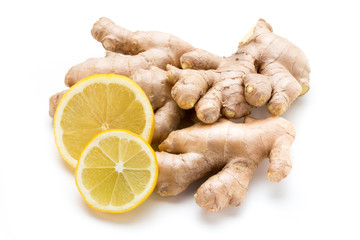 Ginger bio and lemon on white background.