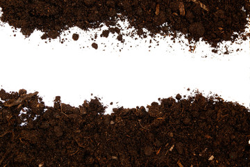 Soil texture isolated on white background seen from above, top view - obrazy, fototapety, plakaty