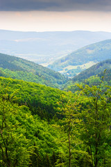 Hills and misty valley in the Stone Mountains (Gory Kamienne). Vast panorama of picturesque countryside landscape in Sudetes, Poland. Aerial view.