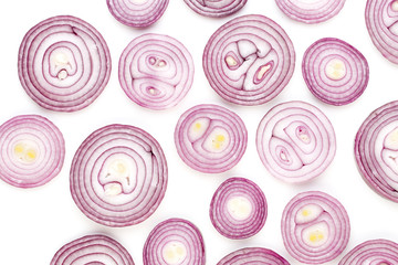 Onion isolated on white background, top view. Wallpaper abstract composition of vegetables.