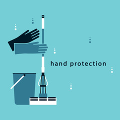 latex gloves, bucket,mop. Hand protection, cleaning, washing of floors. Vector flat icons.