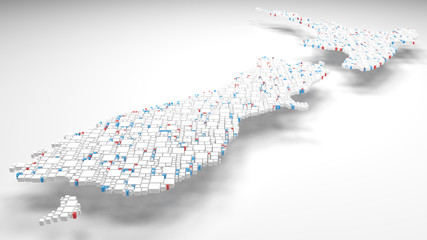 3D Map of New Zealand - Oceania | 3d Rendering, mosaic of little bricks - White and flag colors