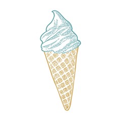 Ice cream in the cone. Vector vintage color engraving