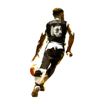 Basketball player in black jersey running and dribbling with ball, polygonal vector illustration. Rear view