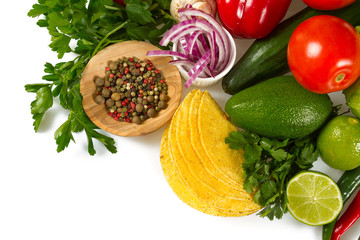 ingredients for vegetable tacos isolated on white