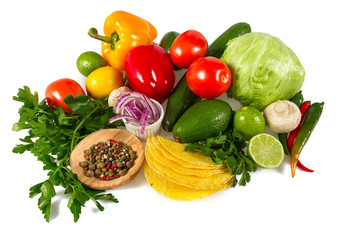 ingredients for vegetable tacos isolated on white