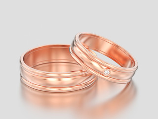 3D illustration two rose gold matching couples wedding diamond rings bands - obrazy, fototapety, plakaty