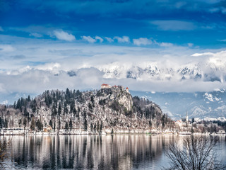 The Bled Castle and St Mary Church on Bled island, Slovenia