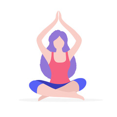 Woman doing yoga vector flat illustration isolated on white background. Girl sitting in lotus pose doing physical exercises and meditation.