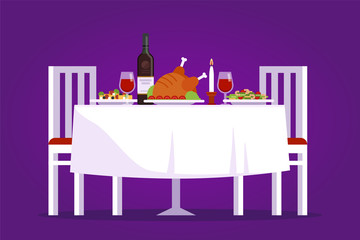 Table with tasty dishes and two chairs vector flat illustration. Romantic dinner in the restaurant concept on purple background.