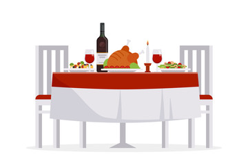 Table with tasty dishes and two chairs vector flat illustration. Romantic dinner in the restaurant concept isolated on white background.