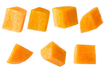 Isolated set of vegetables. Collection of piece carrot isolated on white background with clipping path as package design element.