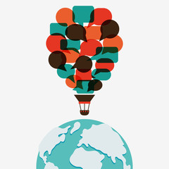 Hot air balloon made of speech bubbles over world map