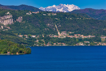 Italy, Piedmont, Orta San Giulio. Vies over the lake and the Monte Rosa.