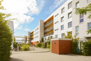Cityscape with modern apartment buildings in a new residential area
