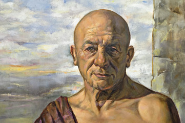 oil painting on canvas of a bald man.