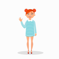 Girl in a dress is laughing and waving, cartoon character isolated on white background. Happy girl in casual style vector flat illustration.