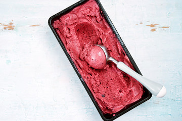 Top view of red berries sorbet with scoop